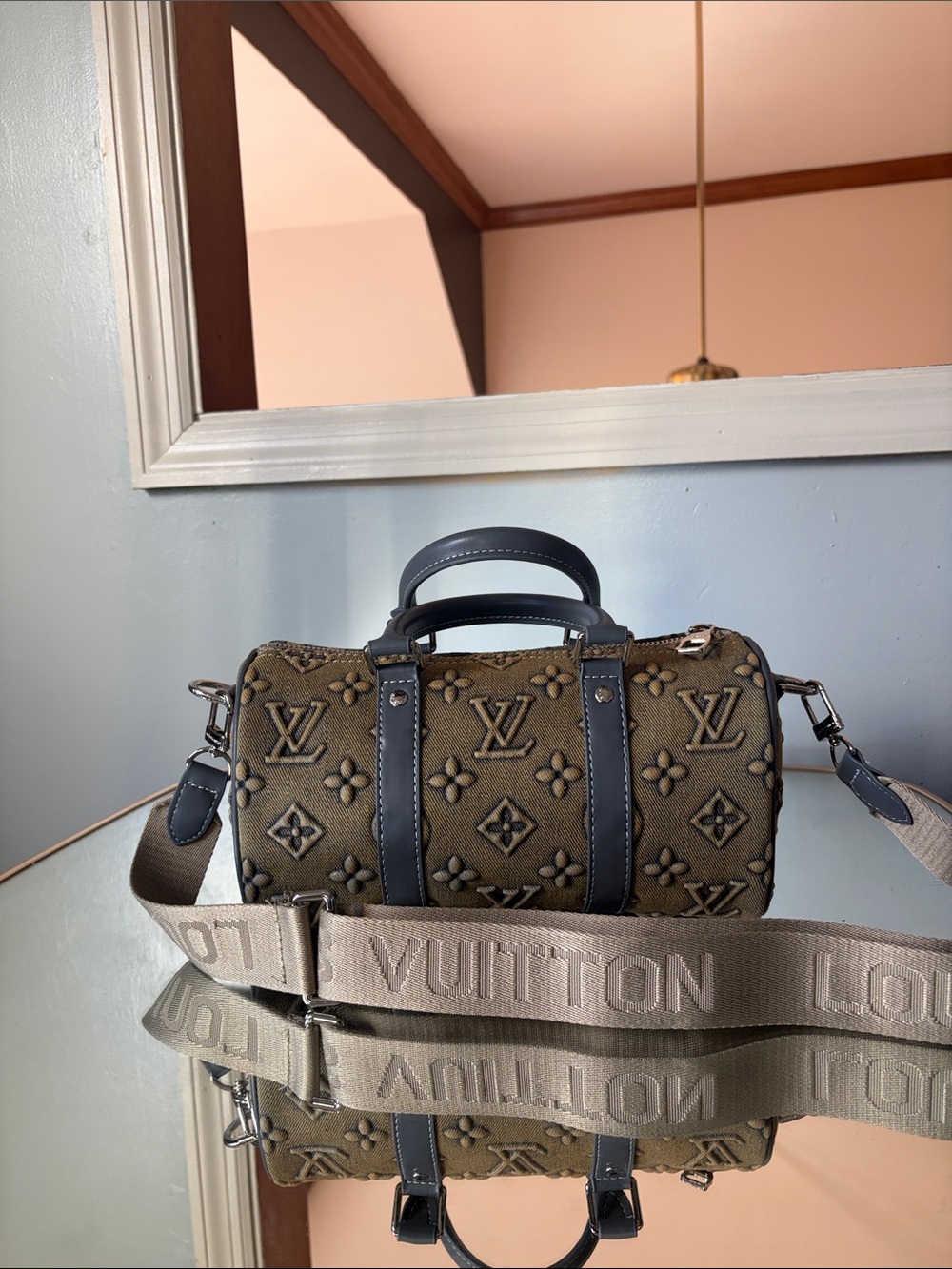 LV monogram washed denim keep all weekend bandouliere